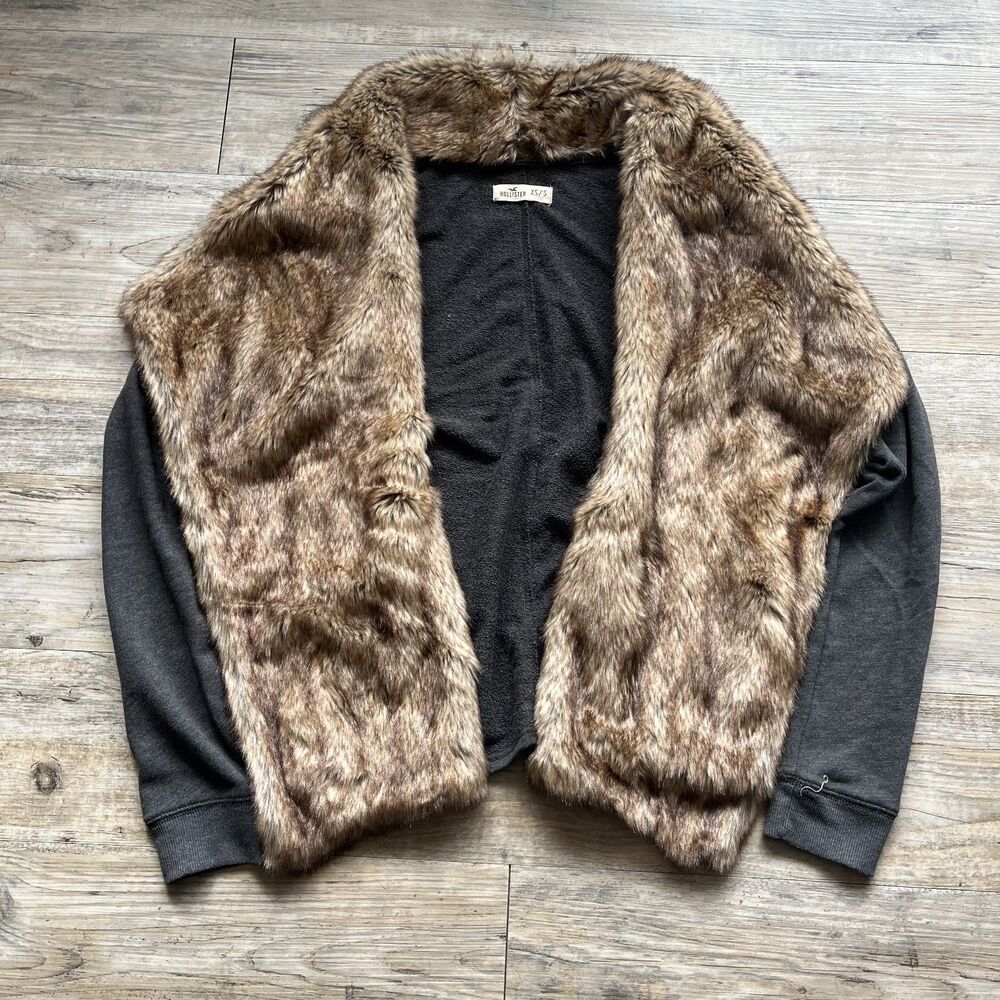Hollister Y2K Sweater Small Faux Fur Cardigan Black Gray Brown Vintage